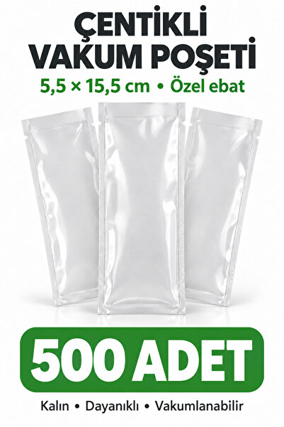 5,5 x 15,5 cm Özel Ebat Çentikli Kalın ve Dayanıklı Şeffaf Vakum Poşeti - Özel Ebat : 5 CM - 16 CM - 50 ADET