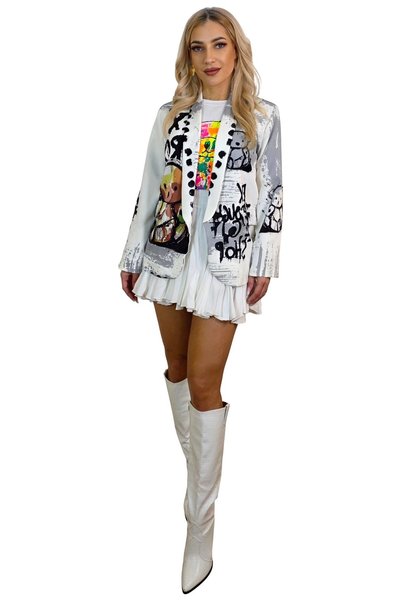 FY FashionForYou Blazer GRAFFITI Day, cu imprimeu pop-art, Go To Shop, Alb, F...