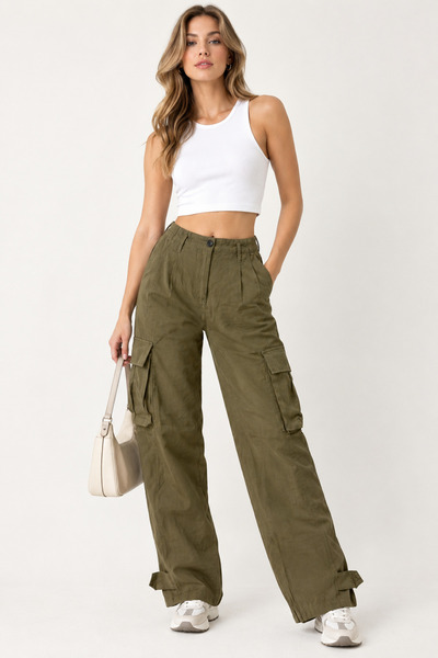 Meşe Moda Women's Khaki High Waist Adjustable Wide Leg Cargo Pants with Pocke...