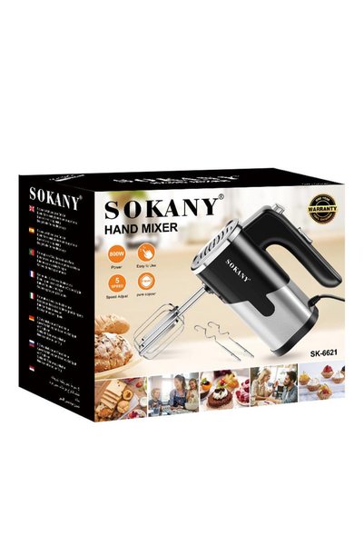 SOKANY خلاط يدوي كهربائي 800 واط بـ5 سرعات مع وظيفة توربو، خطافات عجن من الفولاذ المقاوم للصدأ وملحقات خفق، خلاط محمول للخبز والكعك والكريمة والعجين