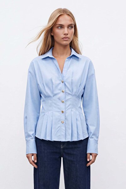 Trend Alaçatı Stili Women's Blue Pleated Detailed Waist-Fitted Poplin Shirt A...