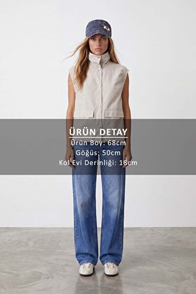 Trend Alaçatı Stili Kadın Bej Oversize Trençkot Yelek Alc-X15621