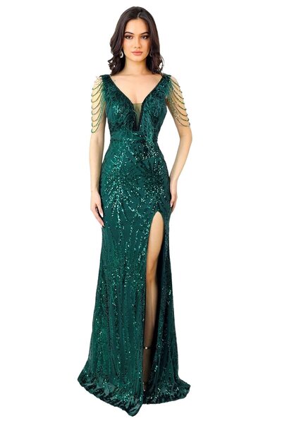 FY FashionForYou Rochie de seară Lady Margo mărimi mari, cu pene, paiete și d...