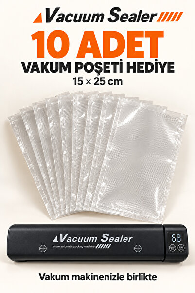 Vacuum Sealer LED Ekranlı Gıda Vakum Makinesi ve Poşet Yapıştırma Mühürleme Cihazı Vakum Poşeti Hediyeli