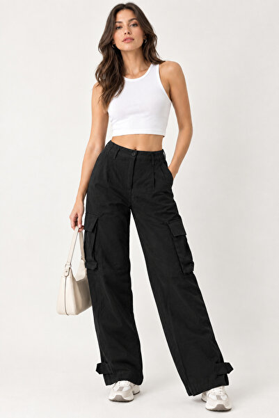 Meşe Moda Women's Black High Waist Adjustable Wide Leg Cargo Pants with Pocke...