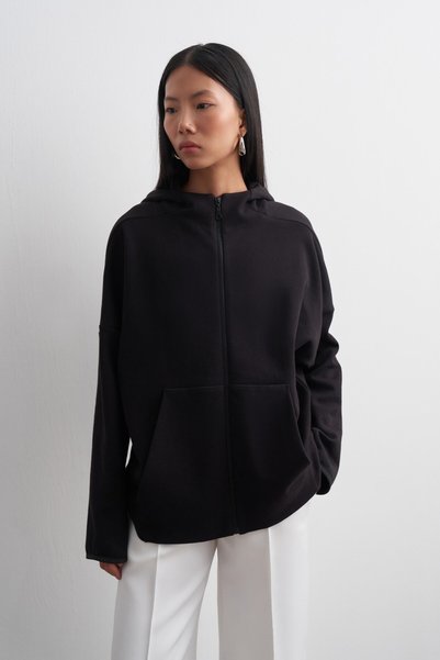 KADRİYE BAŞTÜRK Hooded Textured Cardigan Black
