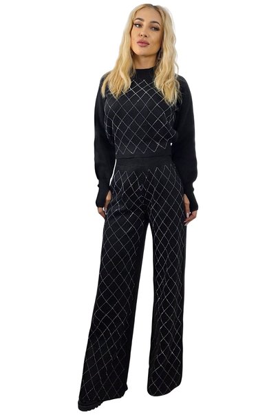 FY FashionForYou Set cu lână și cristale Rewe Mirage, pantaloni și bluză, Neg...