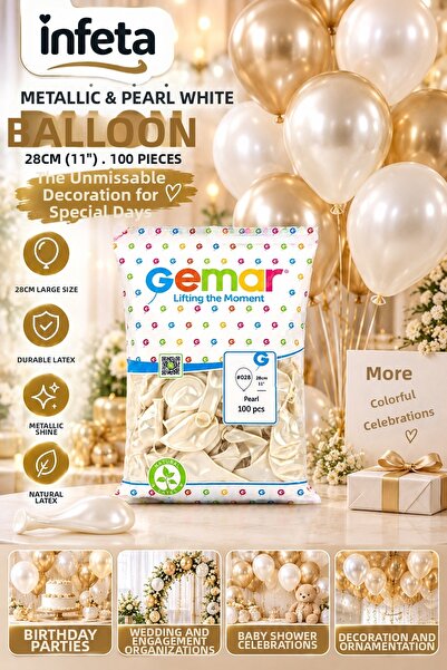 İnfeta Pearl White Metallic Balloon 28 cm 11 Inch 100 Pieces Shiny Latex Part...
