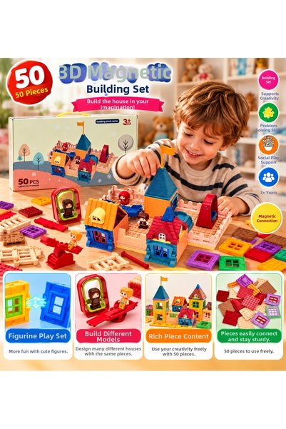 BBYTOYS 50-Piece 3D Magnetic Building Set – House Design and Construction Toy...