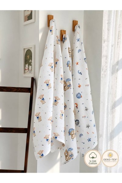 Fulya Tuhafiye 100% Cotton 3-Piece Muslin Baby Blanket Set Oeko-Tex Certified Muslin Blanket 80 X 90 cm