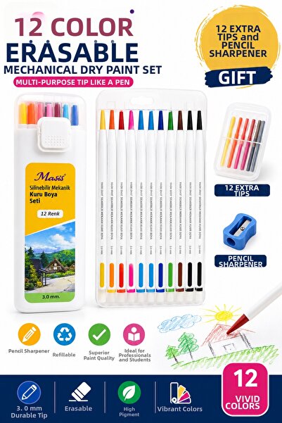 Masis Erasable Mechanical Dry Paint Set 12 Colors 3 mm Versatile Dry Paint Pe...
