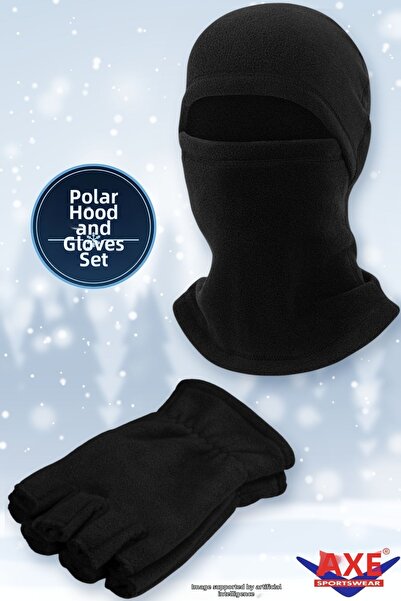 AXE SPORTSWEAR Winter Black Fleece 2-Piece Set Face Mask + Fingerless Cut Glo...