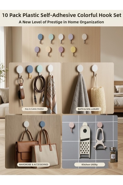 Kitchen Dream Set de 10 cârlige multifuncționale autoadezive din plastic, colorate, pentru agățat pe perete