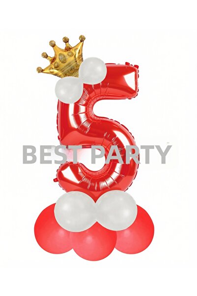 BEST PARTİ Red Number Crowned Latex Balloon Birthday Set Age-5
