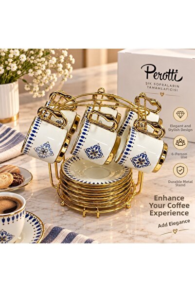 PerottiHome Gold Aski Standli Ci̇hangi̇r 6-Person Turkish Coffee Cup Set