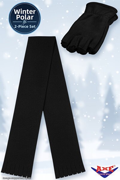 AXE SPORTSWEAR Winter Black Fleece 2-Piece Set Scarf + Fingerless Cut Gloves ...