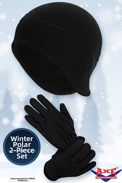 AXE SPORTSWEAR Winter Black Fleece 2-Piece Set: Beanie with Earflaps + Gloves...