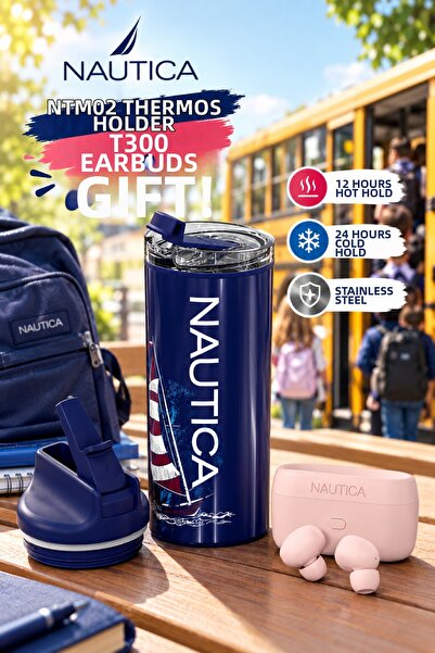 Nautica مجموعة مميزة من قطعتين - ترمس ستانلس ستيل سعة 500 مل وسماعات بلوتوث T...