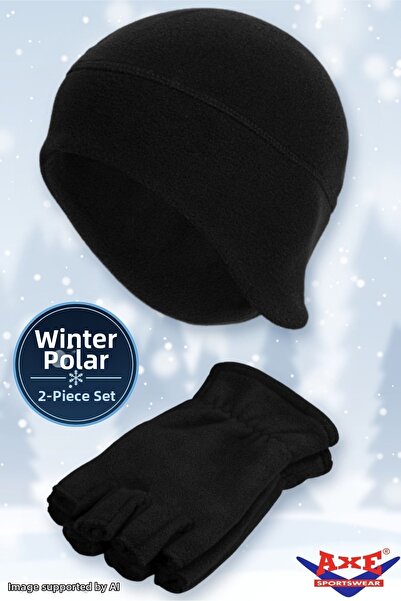 AXE SPORTSWEAR Winter Black Fleece 2-Piece Set: Beanie with Earflaps + Finger...