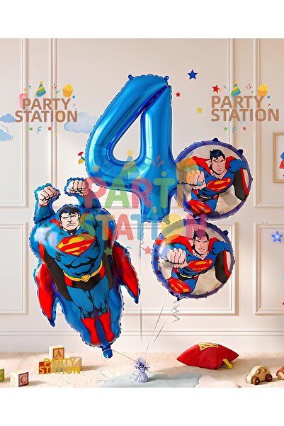 Parti Station Superman Theme 4 Year Old Balloon Set - 4 Piece Superman Birthd...