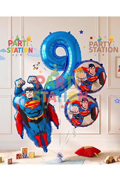 Parti Station Superman Theme 9 Year Old Balloon Set - 4 Piece Superman Birthd...