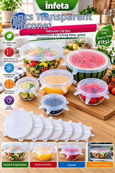 İnfeta Set of 6 Transparent Silicone Stretch Lids Flexible Food Storage Cover...