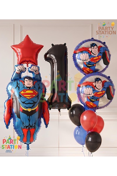 Parti Station Superman Concept 1 Year Old Balloon Set - 11 Piece Superman Bir...