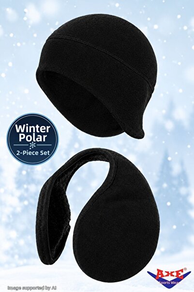 AXE SPORTSWEAR Winter Black Fleece 2-Piece Set: Beanie with Earflaps + Neck-T...