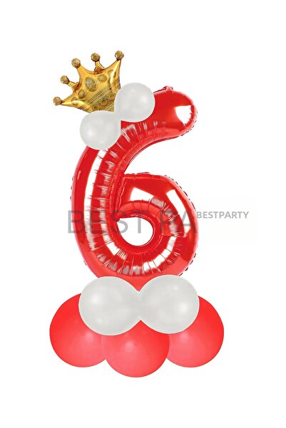 BEST PARTİ Red Number Crowned Latex Balloon Birthday Set Age-6