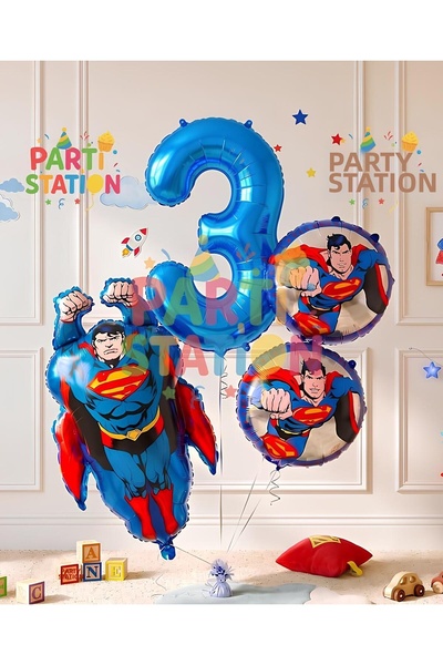 Parti Station Superman Theme 3 Year Old Balloon Set - 4 Piece Superman Birthd...