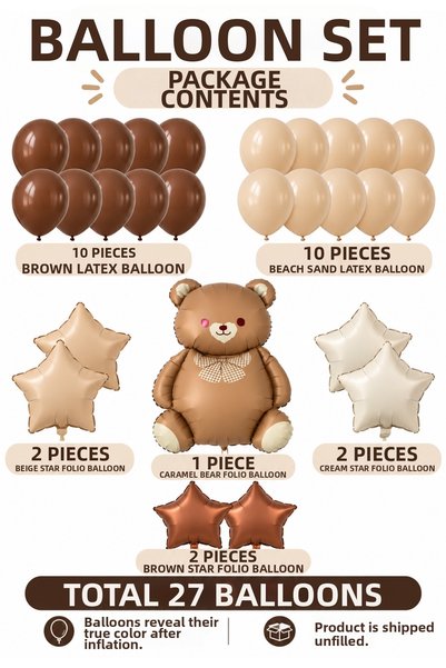 baloss fer Chocolate Sand Teddy Bear Star Deluxe 27 Piece Balloon Set Brown Sea Sand Caramel Bear Beige Cream Brown Star Foil Kids Birthday Party Decoration Concept Balloons