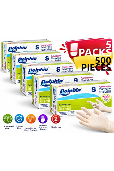 Dolphin قفازات فحص من اللاتكس المسحوق للاستخدام مرة واحدة مقاس S