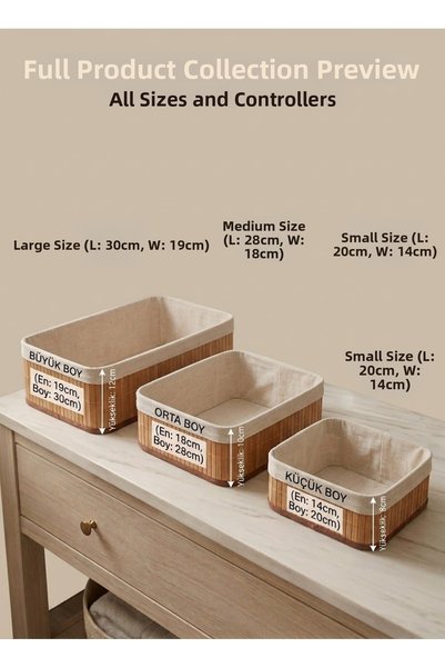 ASEL PLAST 3-Piece Rectangular Bamboo-Look Decorative Basket Set with Fabric Lining - Multi-Purpose Bathroom and In-Cabinet Organizer