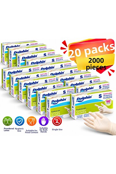 Dolphin قفازات فحص من اللاتكس المسحوق للاستخدام مرة واحدة مقاس S