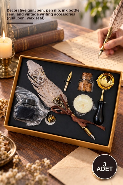 Yenilig 3-Piece Dip Pen Set – Decorative Quill Pen, Pen Nib, Ink Bottle, Seal...
