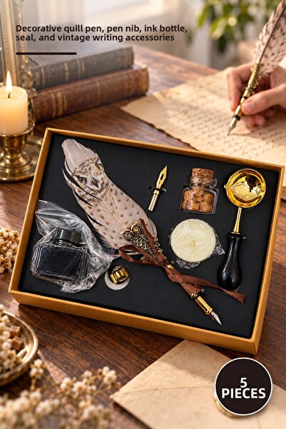 Yenilig 5-Piece Dip Pen Set – Decorative Quill Pen, Pen Nib, Ink Bottle, Seal...