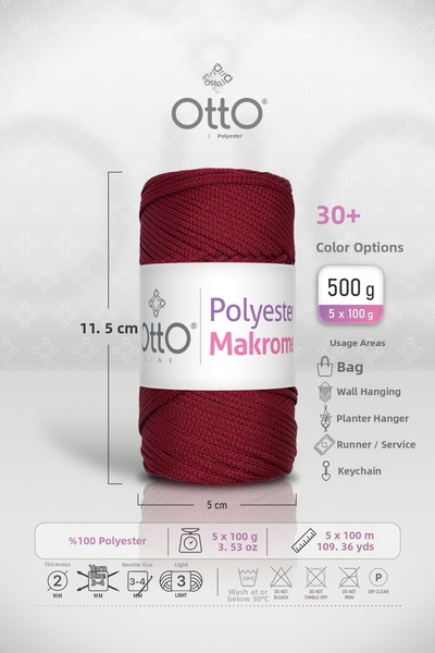 OTTO LINE Polyester Makrome • Burgundy • 5-Pack × 100 Gr / 100 m • 2 mm • Supla, Bag, Accessory Cord