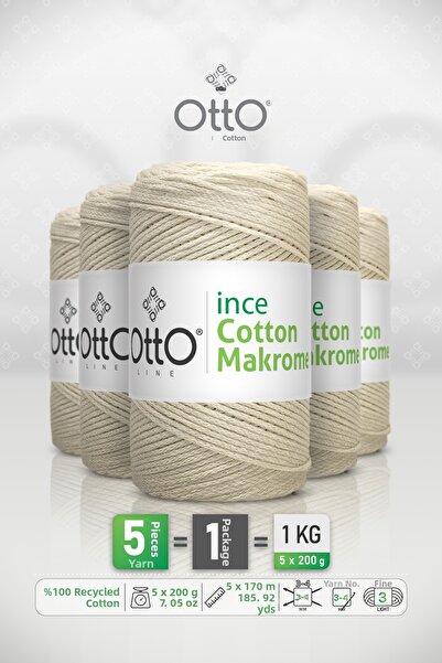 OTTO LINE Thin Cotton Macrome • Cream • 5-Pack × 200 Gr / 170 m • 2 mm • Cott...