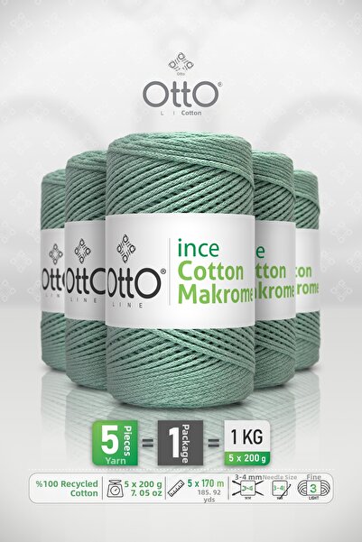 OTTO LINE Thin Cotton Macrame • Green • 5-Pack × 200 Gr / 170 m • 2 mm • Cott...
