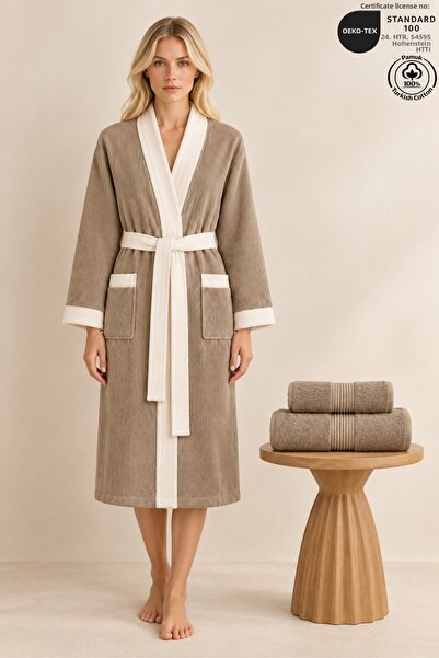 Ellaline 3 Piece Women's Kimono Bathrobe Set 100% Cotton Certified Contrast S...