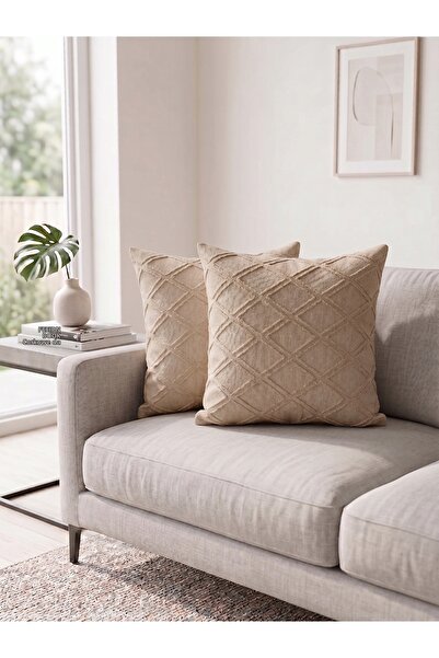 MEGAMİX 2-Piece Throw Pillow Cover with Pompoms Duck Linen Fabric Modern Design