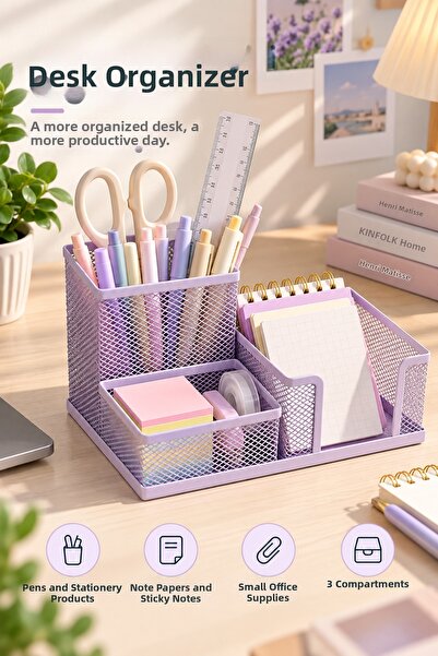 Daks Metal 3-Compartment Desktop Organizer Pen Holder and Stationery Organize...