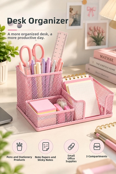 Daks Metal 3-Compartment Desktop Organizer Pen Holder and Stationery Organize...