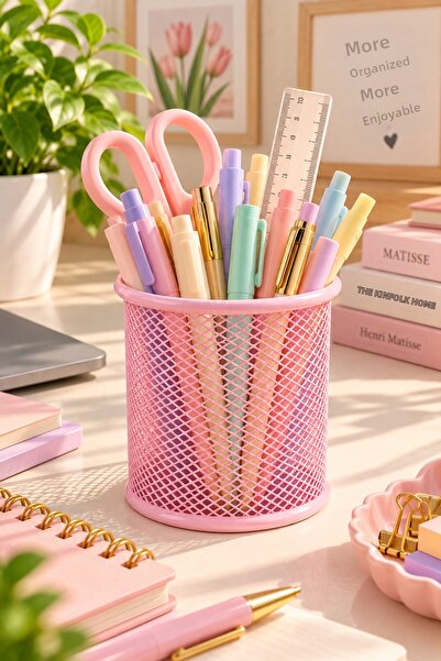 Daks Metal Mesh Pen Holder – Desktop Pen and Stationery Organizer - Pink