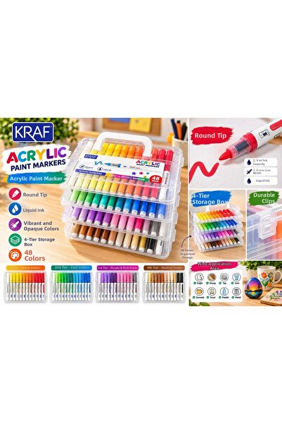 KRAF قلم طلاء أكريليك، قلم فني، قلم رسم، 48 لونًا في علبة بلاستيكية