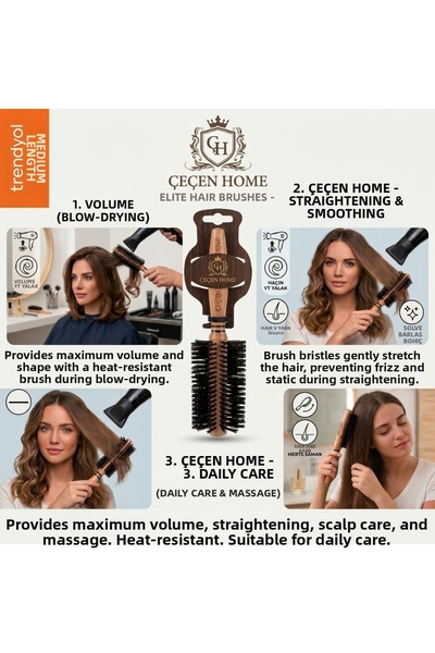 ÇEÇEN HOME 1Pc Elite Professional Medium Size Wooden Blow Dry Brush - Heat Re...