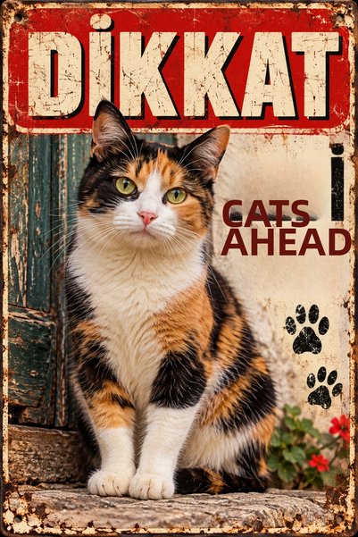 Lucena Caution There Is a Cat Calico Tricolor Cat Retro Metal Wall Sign 30X40 cm