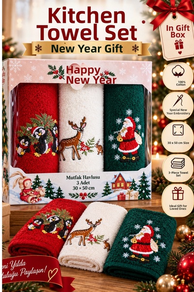 MixCotton Home New Year's Gift 100% Cotton Embroidered 3-Piece Hand Towel Set (50X30 cm)
