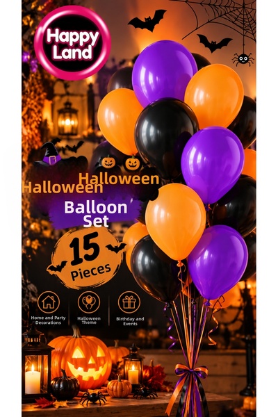 Happyland 15Pcs Halloween Halloween Purple, Black, Orange Party Balloons, Halloween Party Decorations Balloons