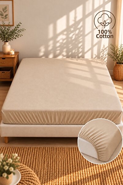 Cottessia Home Бежов 100% органичен памучен еластичен чаршаф 180x200 + 30 см